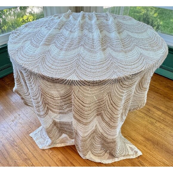 Vintage 70s mesh curtain, cream tan wavy pattern, pleated boho panel, for each - Picture 4 of 10